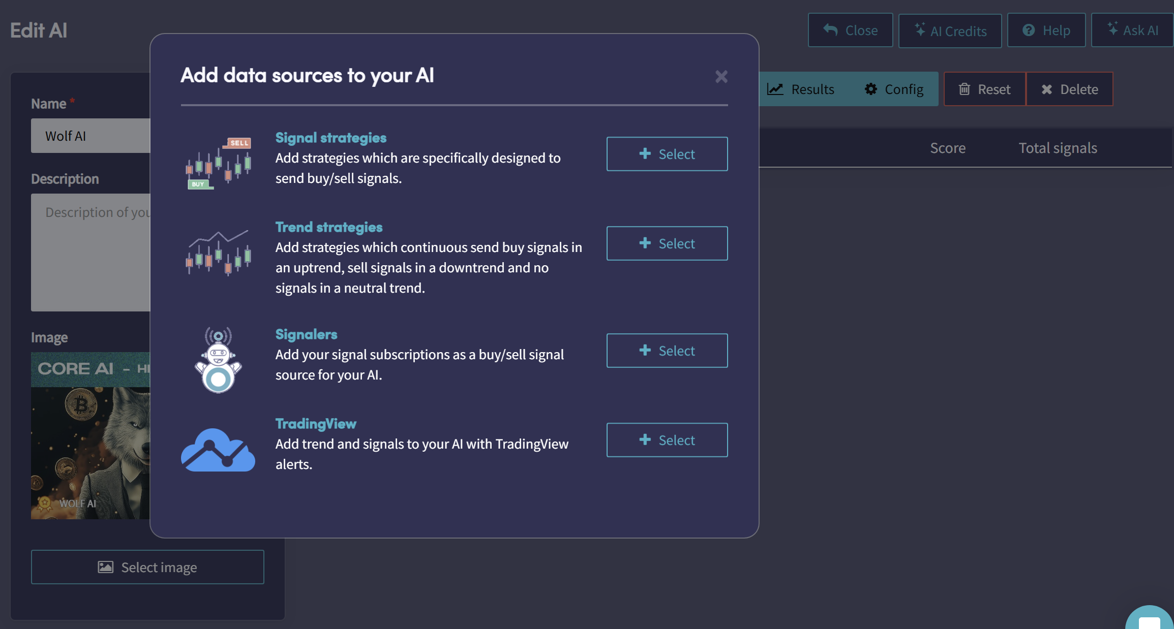Cryptohopper AI editor window for adding strategy sources