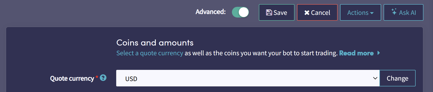 Cryptohopper - Quote currency selection