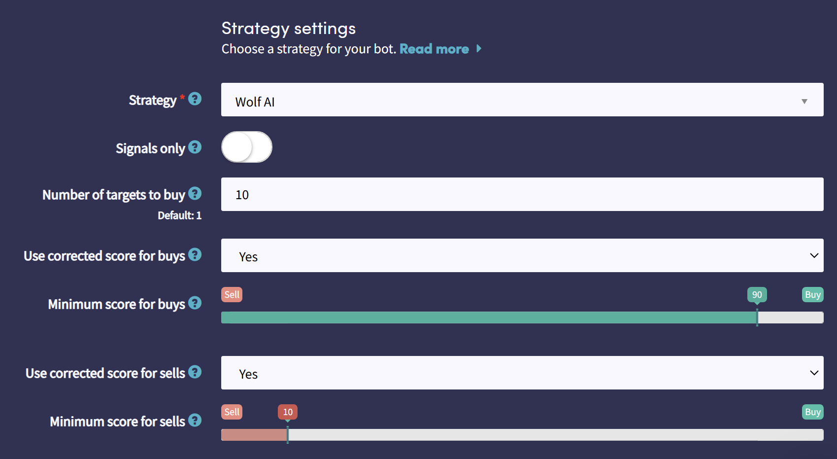 Cryptohopper strategy settings showing how to select an AI strategy in bot configuration