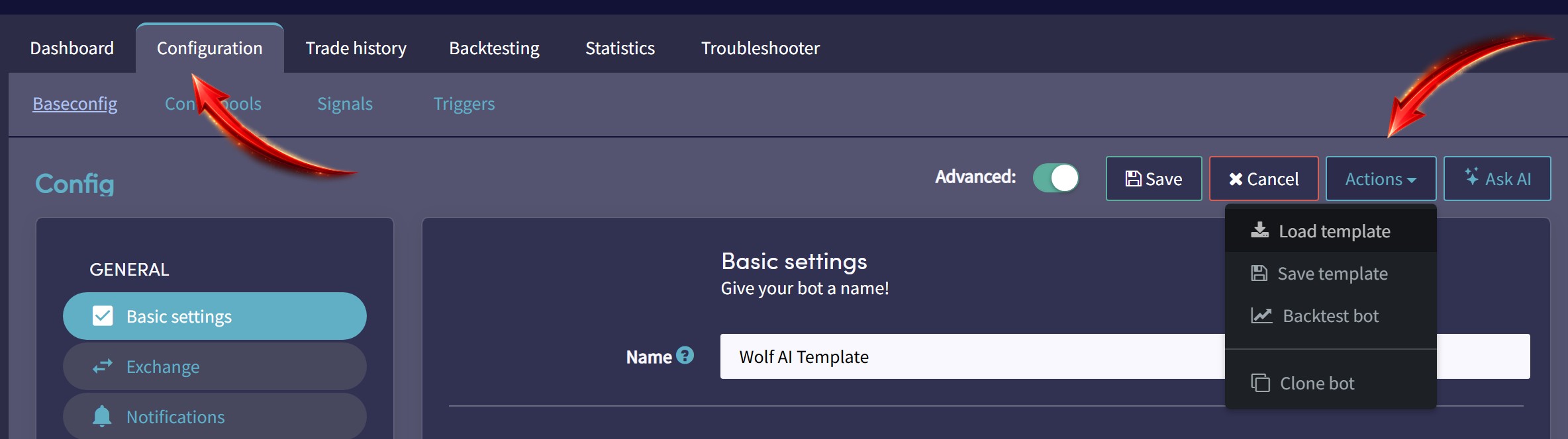 Cryptohopper bot configuration showing Actions Load template option