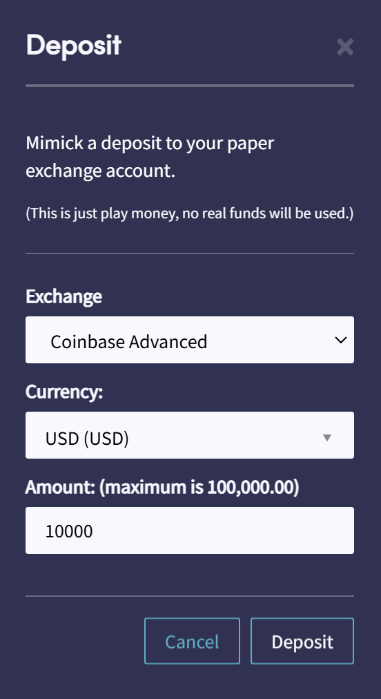 Deposit funds into paper trading account