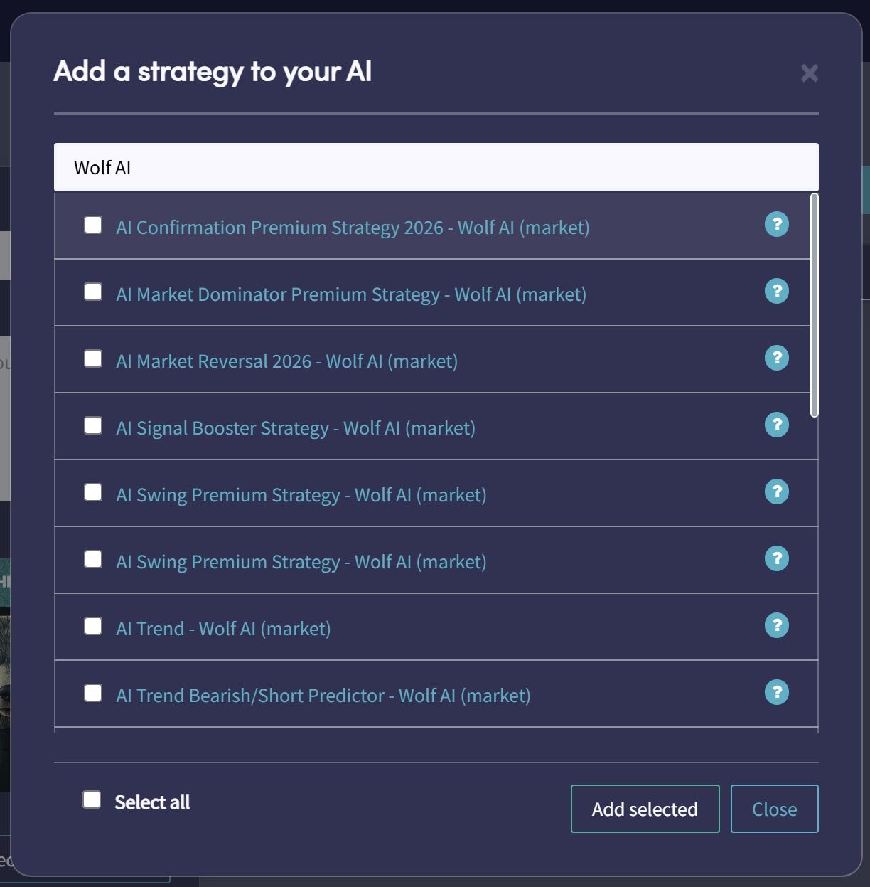 Searching for Wolf AI strategies inside the Cryptohopper strategy selection window