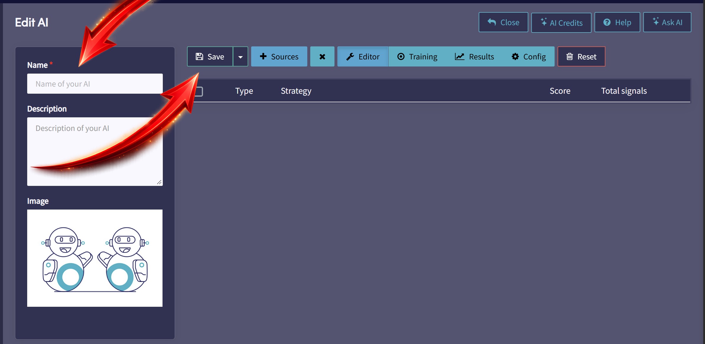 Wolf AI editor screen showing AI name and save button